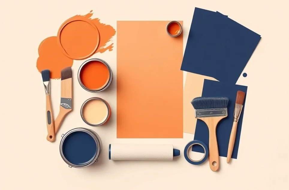Pots de peinture, nuancier, brosses et rouleaux disposés à plat