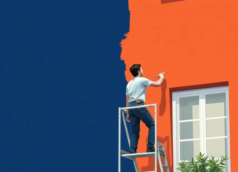 Peintre sur échafaudage traitant la façade d'une maison