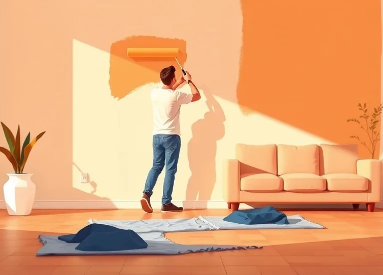 Peintre appliquant la peinture au rouleau sur un mur de salon